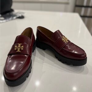 Tory Burch Maroon Loafers with Gold Emblem